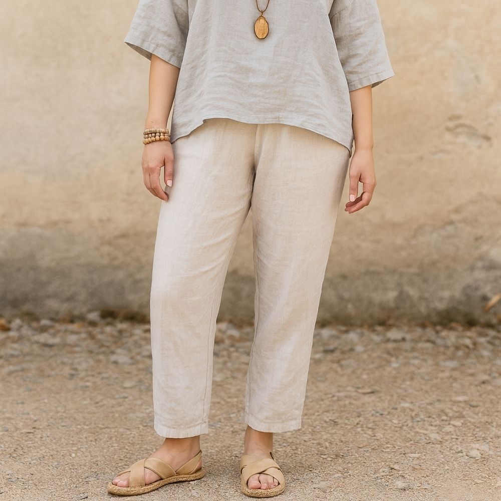 XIMO Relaxed Linen Summer Pants Joggers Back Casual Lagenlook W/ Pockets Size L